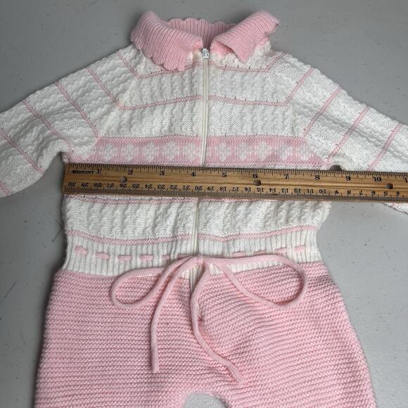 Vintage Pink White Knit Baby Sleeper Footed Zip Front Long Sleeve NO SIZE TAG - Picture 10 of 11